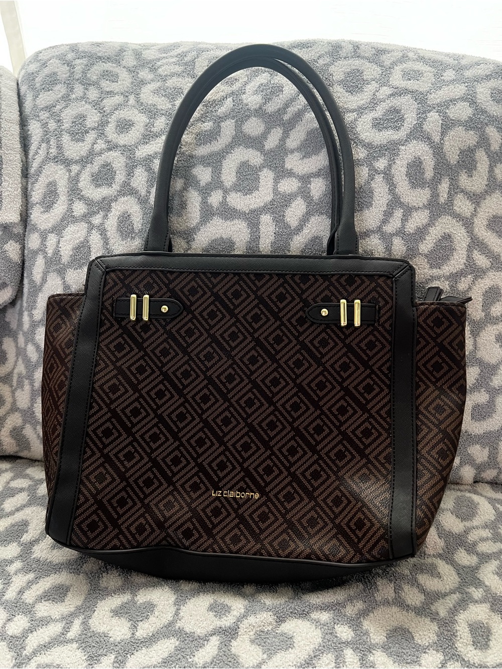 Liz Claiborne Brown and Black Geometric Tote with Gold Accents